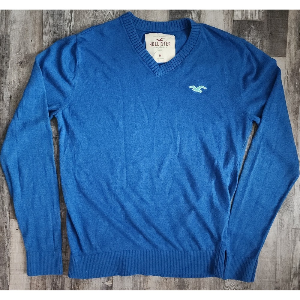 Hollister Men's V-Neck Sweater Blue Size Medium Logo Pullover Lightweight Knit